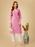 Jyoti Fashion Women's Pink Cotton Blend Embroidered Kurta Pant Set | Grocsy