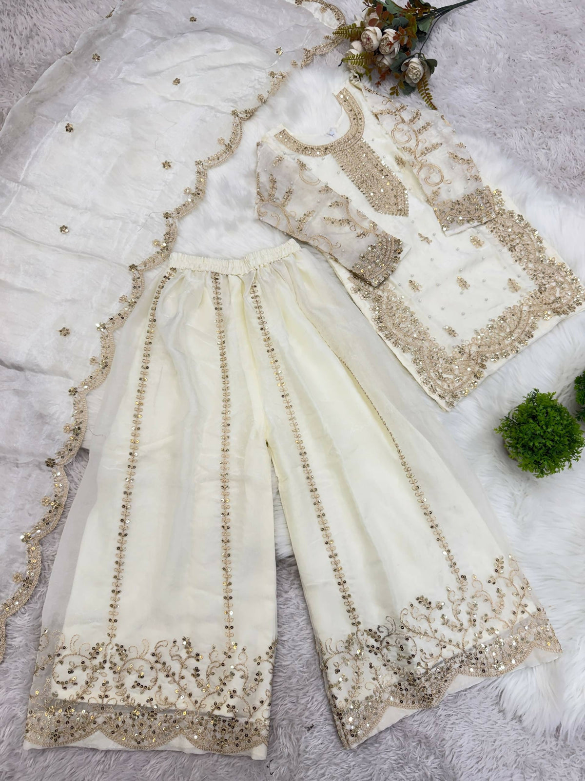 Teeya Creation New Trendy Fully Stitched Ready to Wear Kids Kurta Palazzo Set-White | Grocsy