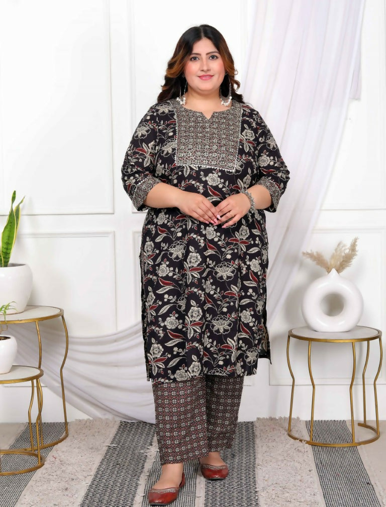 Miravan Women's Plus Size Multi Colour Floral Printed Zari Embroidery Yoke Design Kurta with Palazzo | Grocsy