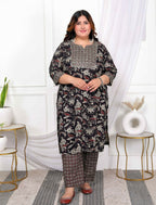Miravan Women's Plus Size Multi Colour Floral Printed Zari Embroidery Yoke Design Kurta with Palazzo | Grocsy