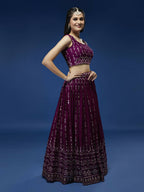 House of Panchhi Women Burgundy Pure Georgette Sequinse Embroidered Lehenga & Blouse, Dupatta | Grocsy