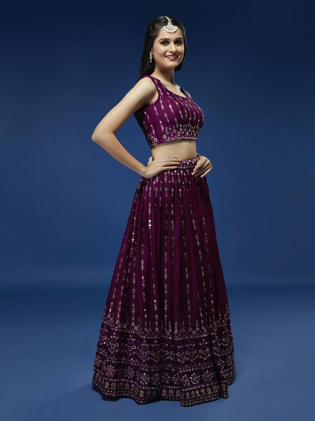 House of Panchhi Women Burgundy Pure Georgette Sequinse Embroidered Lehenga & Blouse, Dupatta | Grocsy