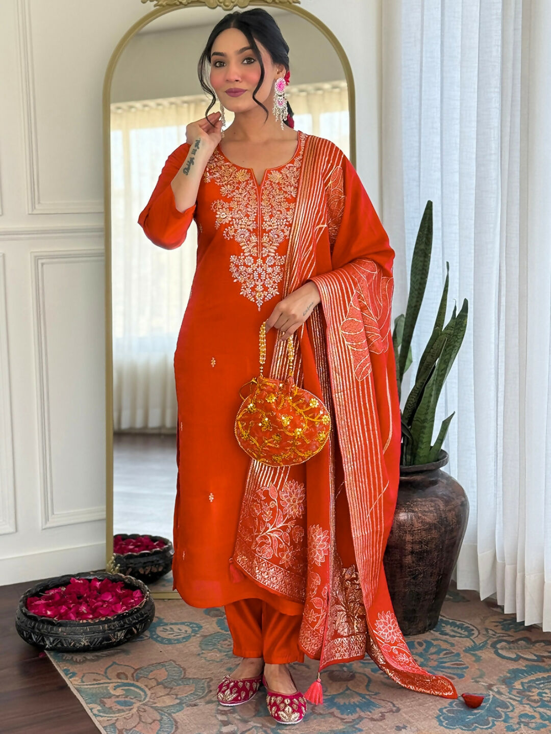 The52 Rust Women's Gorgeous Roman Silk Fabric Straight Kurta, Pant and Dupatta Set | Grocsy