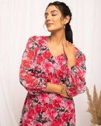 FIORRA Women's Red & Pink Georgette Floral Printed Western Dress | Grocsy