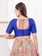 Joban Fashion Royal-Blue Dupion Silk Elbow Sleeveless Front Open Blouse | Grocsy