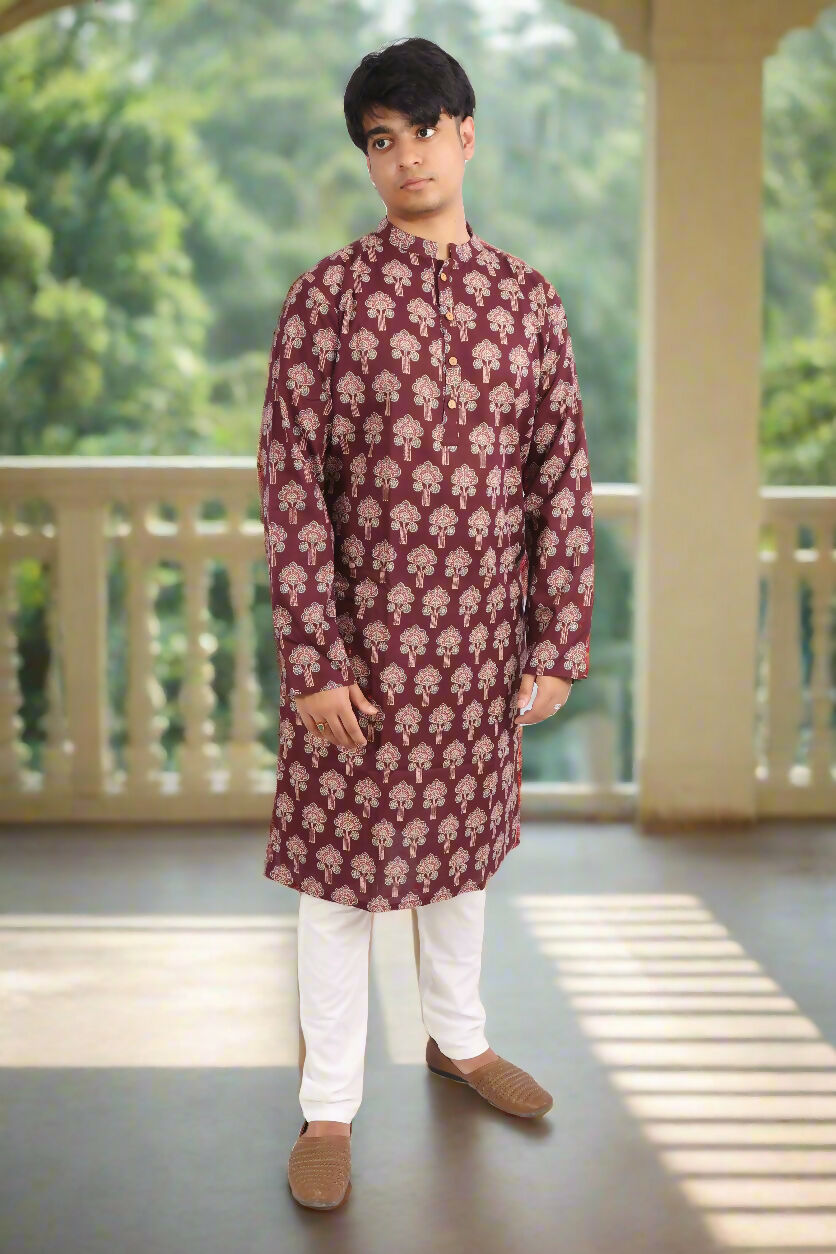 Souchii Men Burgundy Pure Cotton Ethnic Motif Printed Straight Kurta | Grocsy