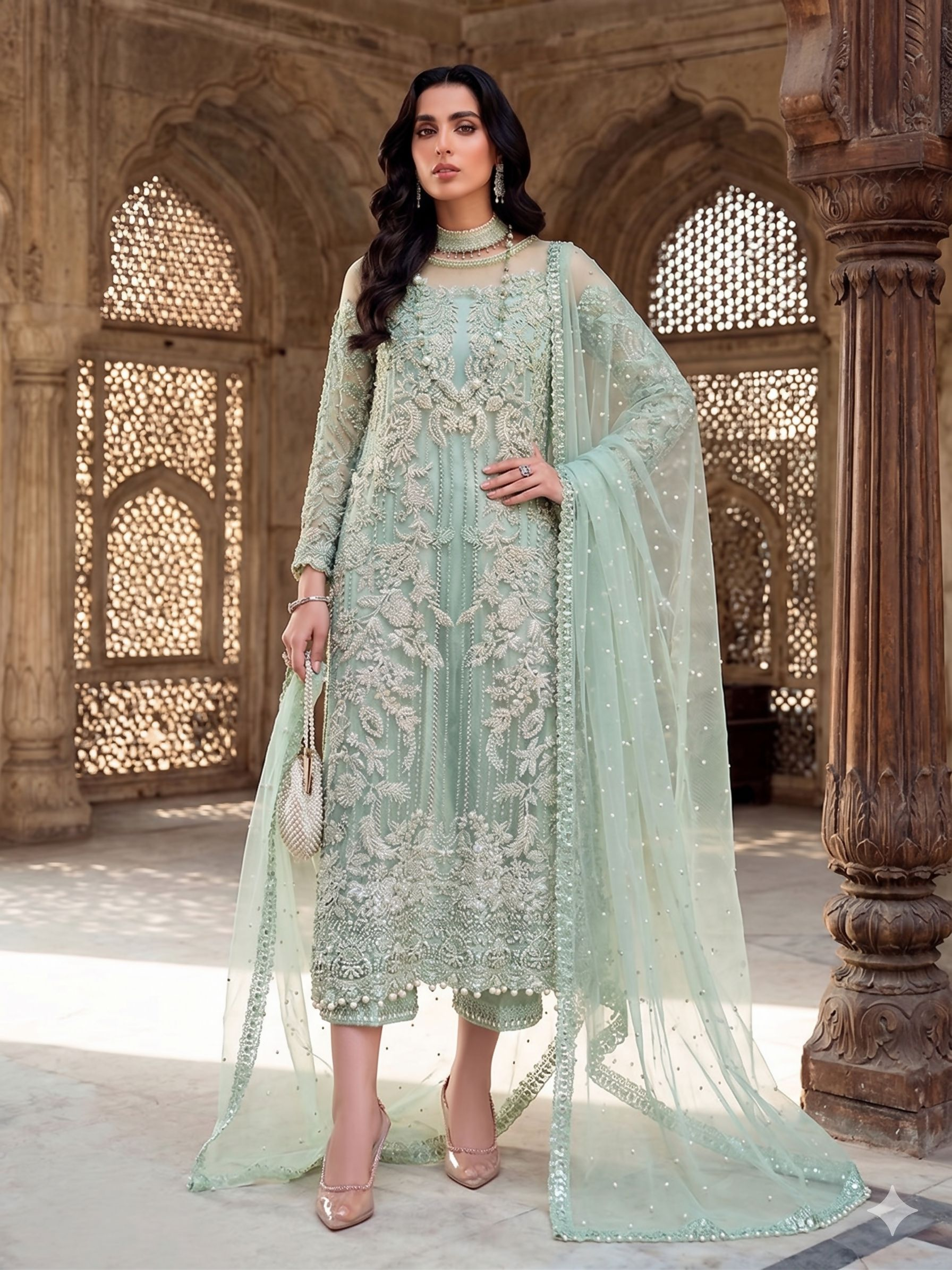 Teeya Creation Womens New Soft Net With Heavy Embroiedery With Sequence Work Light-Green Kurta Set | Grocsy