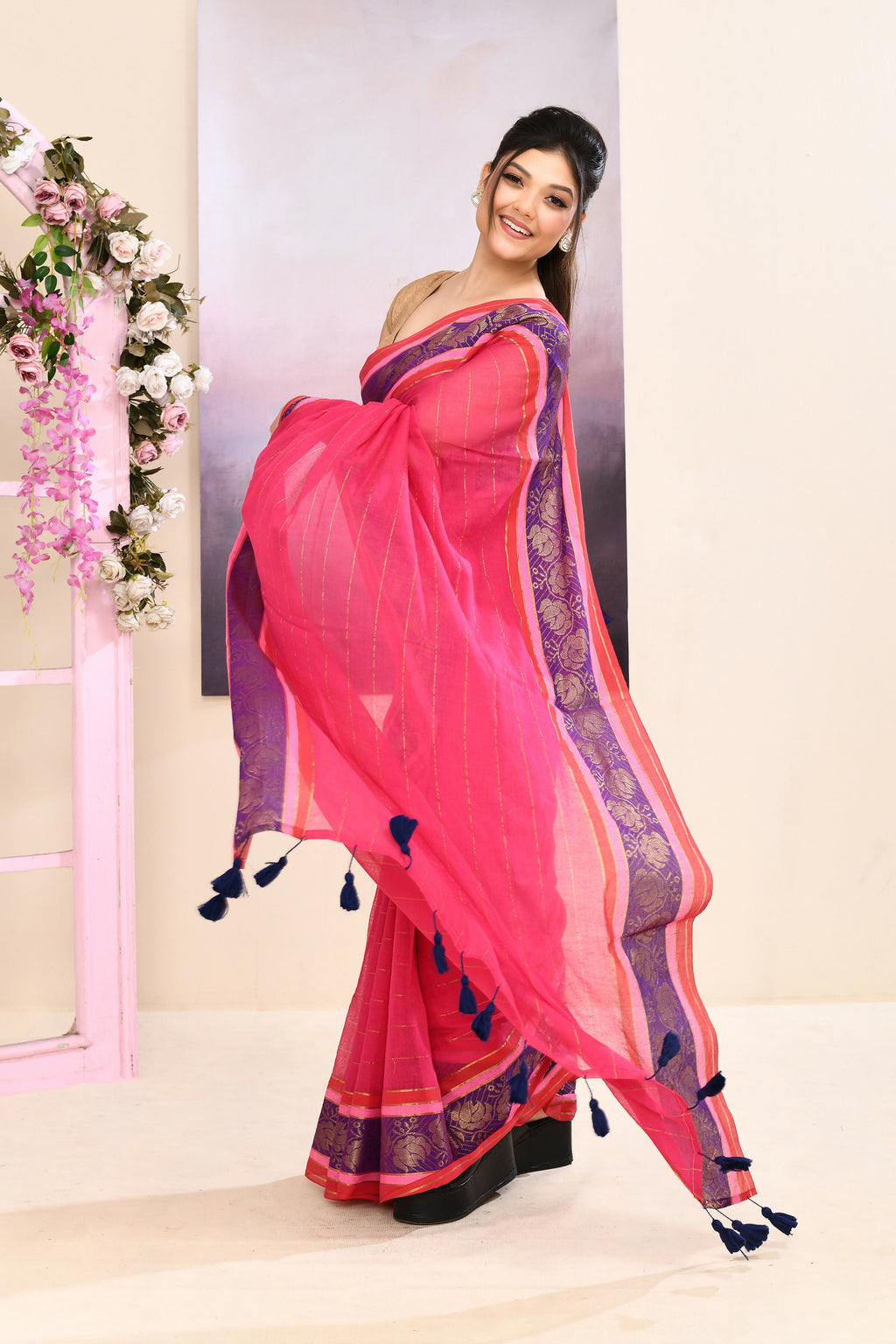 Piyari Fashion Women's Rani Pink Embellished Zari Border Cotton Saree | Grocsy