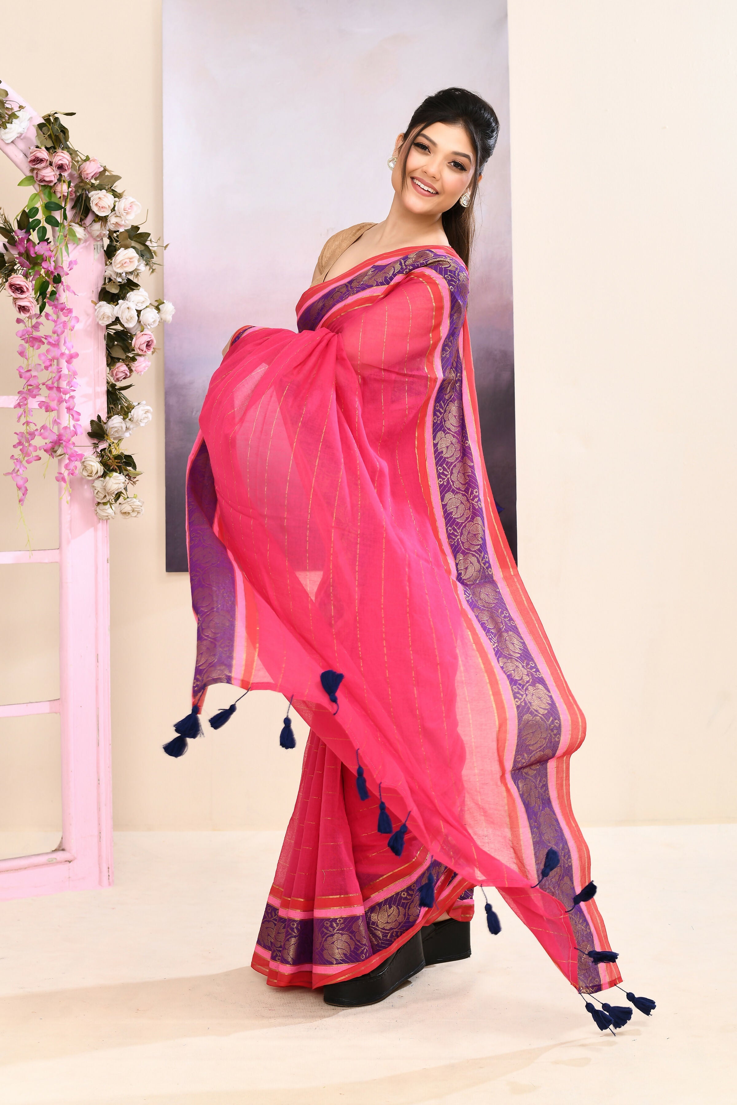 Piyari Fashion Women's Rani Pink Embellished Zari Border Cotton Saree | Grocsy