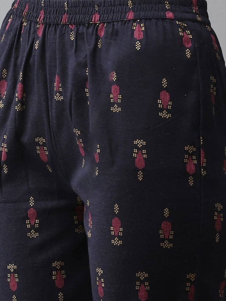 Yufta Women Navy Blue Ethnic Motifs Printed Regular Thread Work Kurta with Palazzo & With Dupatta | Grocsy