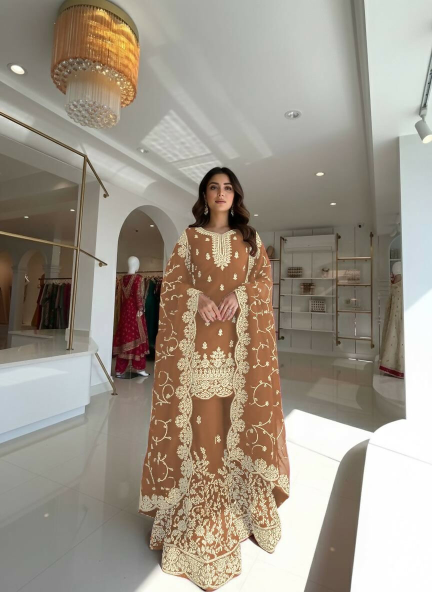 Teeya Creation Peach Pure Silk Gimmy Silk Heavy Embroidery Work Wedding Wear Palazzo Pair | Grocsy