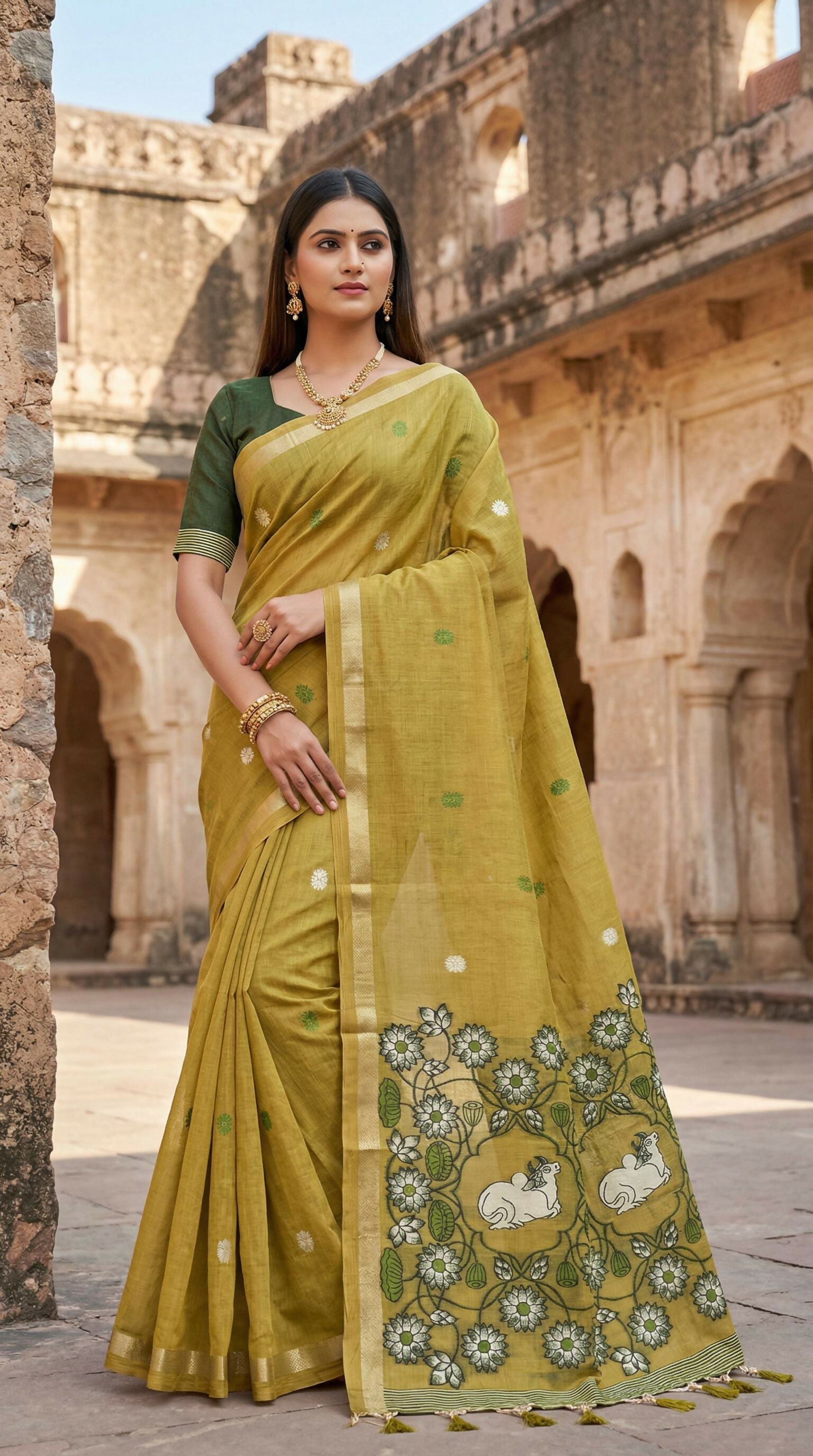 Vastranavya Yellow Muga Cotton Meenakari & Azarakh Pallu Saree with Contrast Blouse | Grocsy