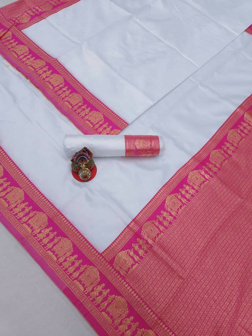 DEIANA'S Beautiful Designer Golden zari Soft Lichi Silk Saree - White | Grocsy