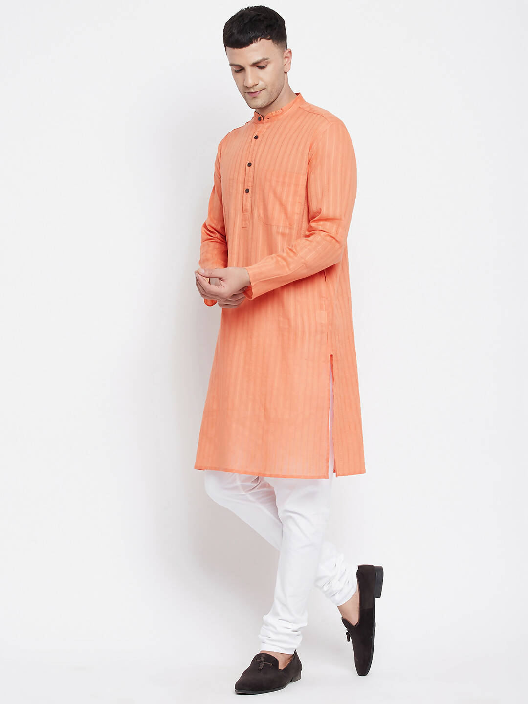 Even Apparels Orange Color Pure Cotton Men's Kurta With Band Collar | Grocsy