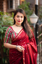 Maroon Chanderi Cotton Block Print Saree with Unstitched Blouse - Hiral Fashion | Grocsy
