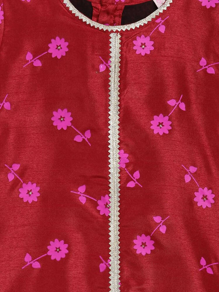 Ahalyaa Red Poly Silk Straight Printed Kids Kurta Palazzo Set For Girls | Grocsy