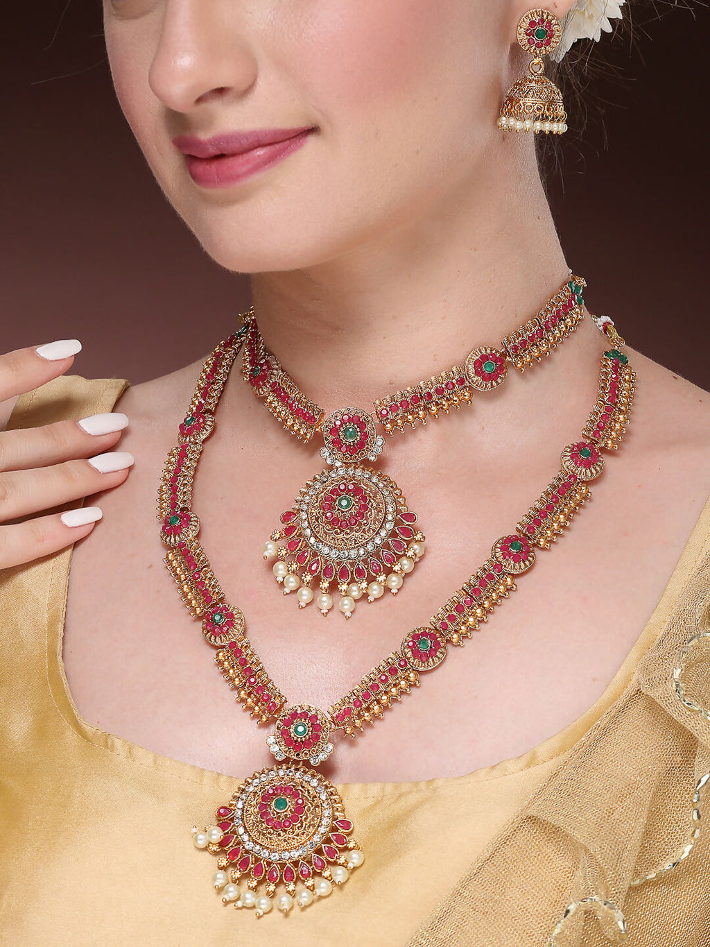 NVR Women's Set Of 2 Green & Red Stone Studded & Beaded Gold-Polished Temple Jewellery Set | Grocsy