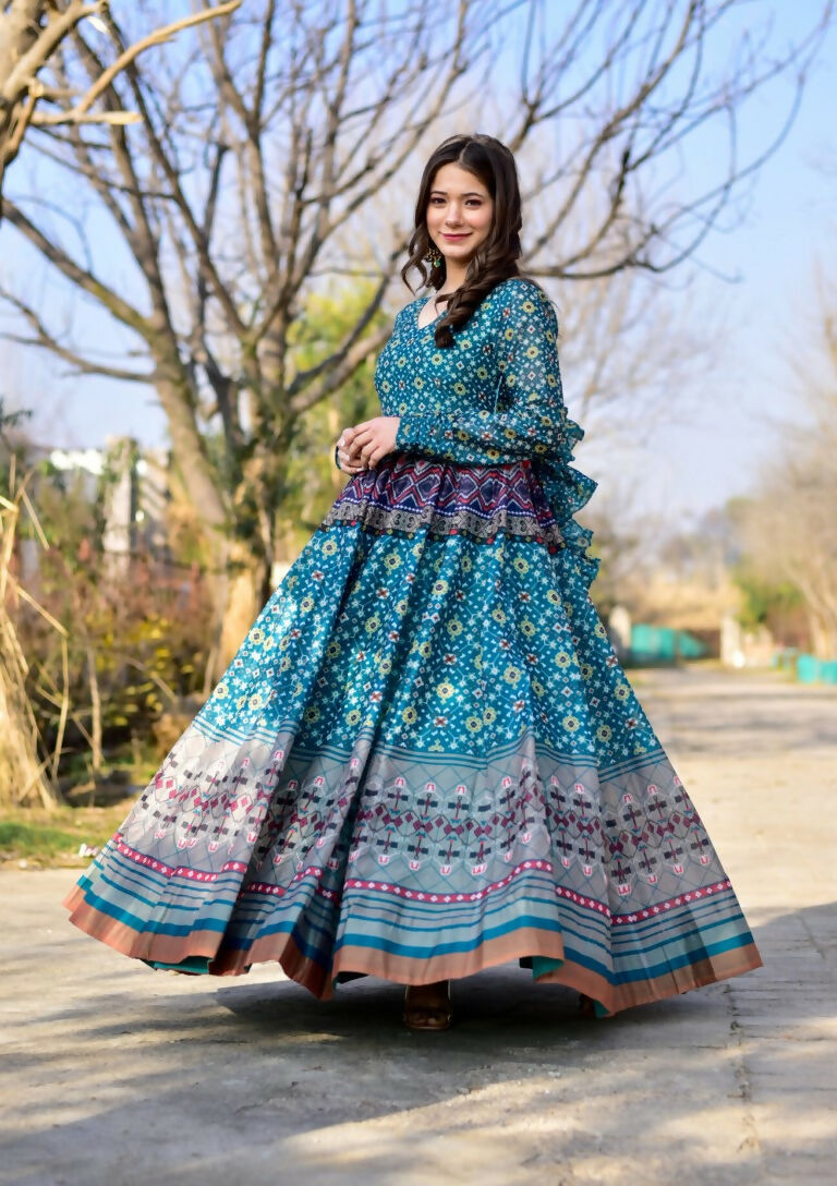 Jyoti Fashion Women's Blue Heavy Digital Printed Cotton Silk Anarkali Dress | Grocsy