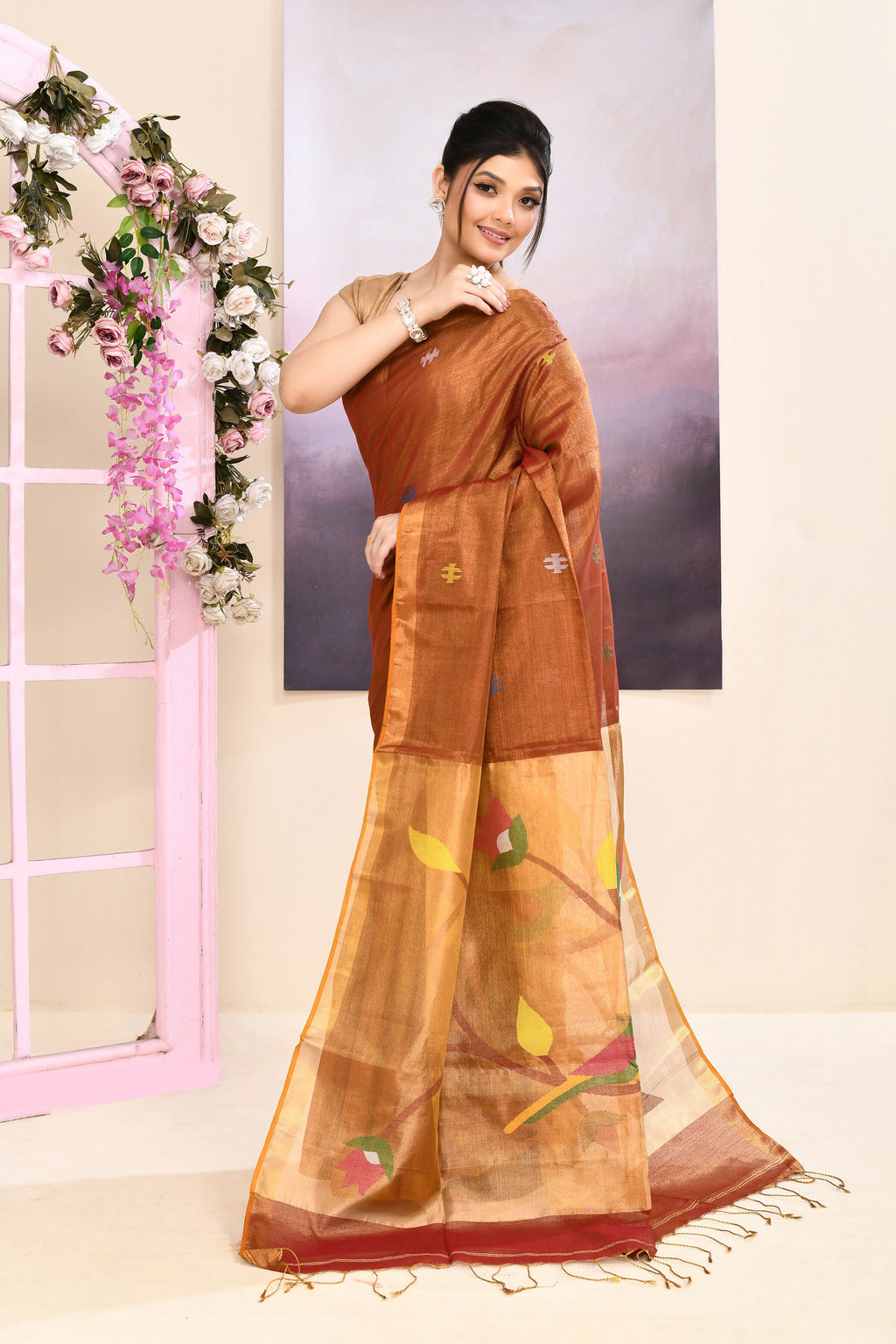 Piyari Fashion Women's Brown Embellished Tissue Jamdani Saree | Grocsy