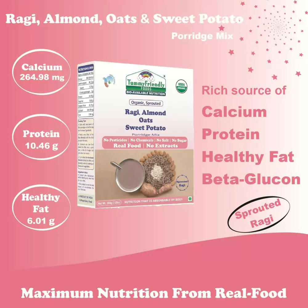 TummyFriendly Foods Certified Organic Sprouted Ragi, Almond, Oats, Sweet Potato Porridge Mix | Grocsy