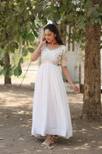 Vastranavya Faux Blooming with Embroidery Zari Sequins-work Gown - White | Grocsy