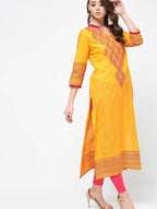 Cheera Hand Block Print Mustard Color Latest Fashion Straight Kurta | Grocsy