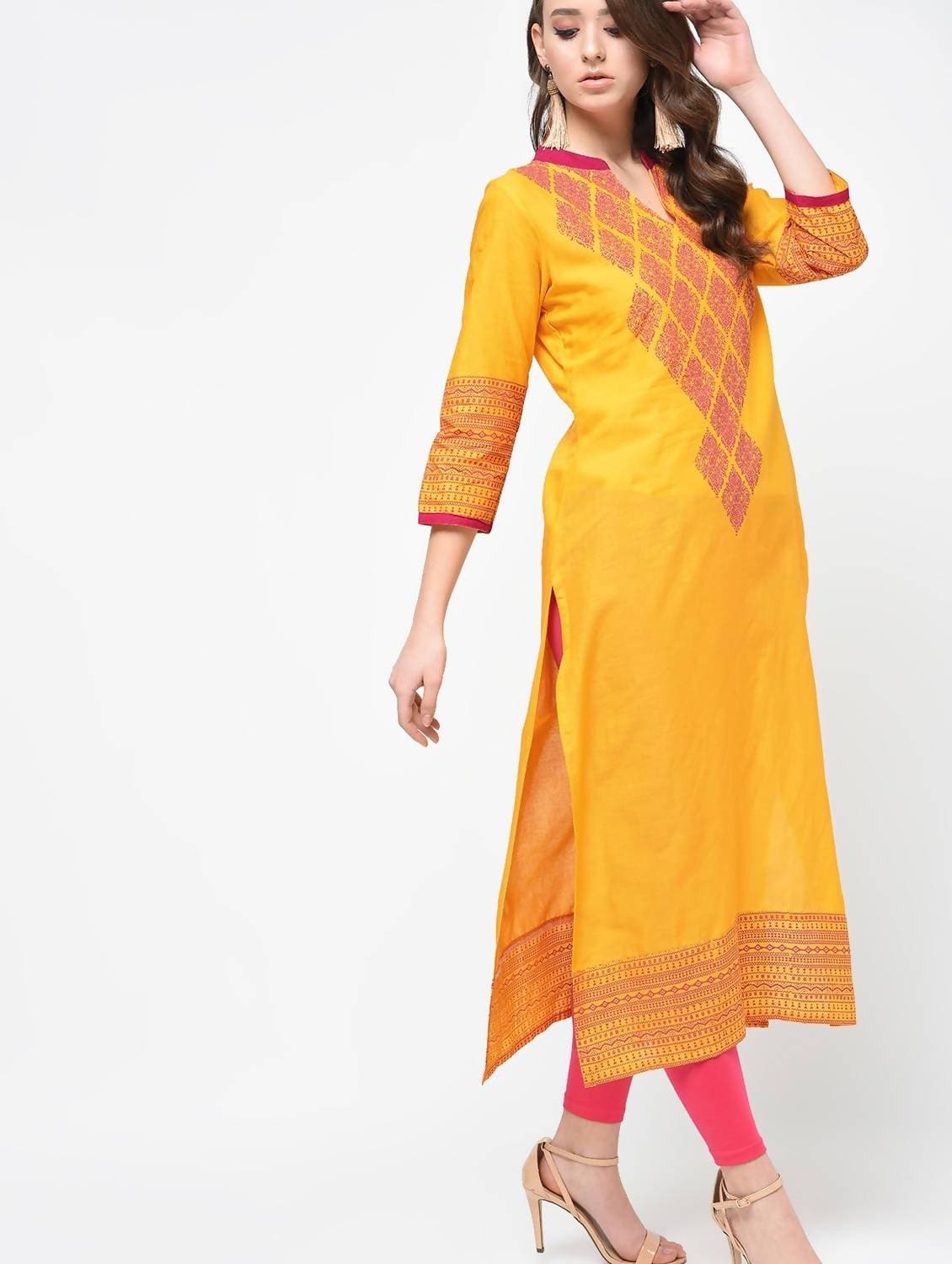 Cheera Hand Block Print Mustard Color Latest Fashion Straight Kurta | Grocsy