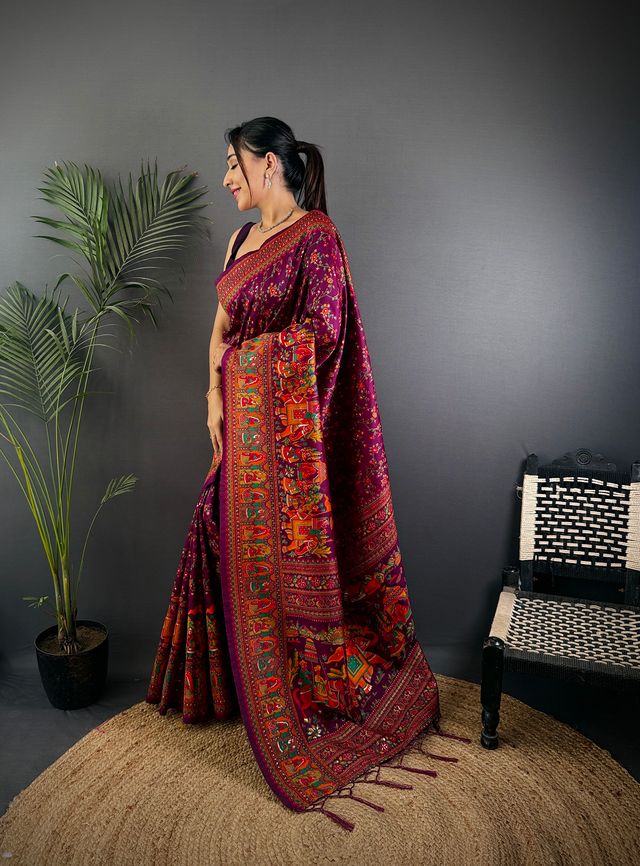 Elora Wine Pashmina Silk Meenakari Weaving Madhubani Design Kashmiri Saree | Grocsy