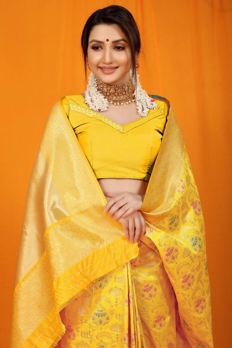 Jyoti Fashion Women's Yellow Kanjivaram Silk Zari Woven Saree with Blouse | Grocsy