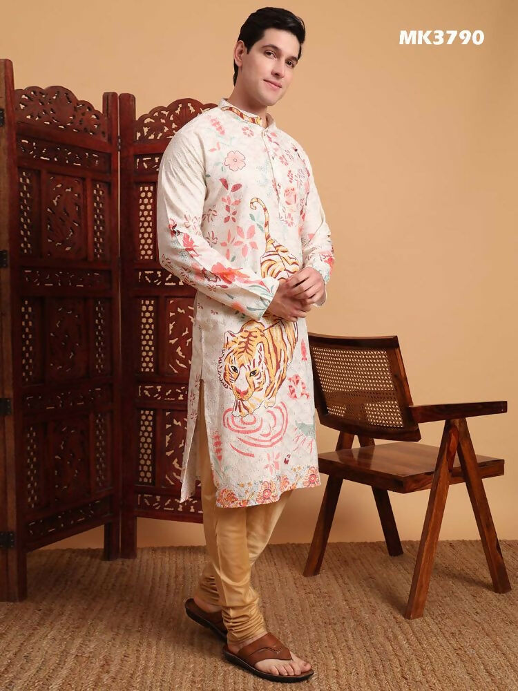 Off White Cotton Printed Chikankari Embroidery Work Kurta - Mahotsav | Grocsy