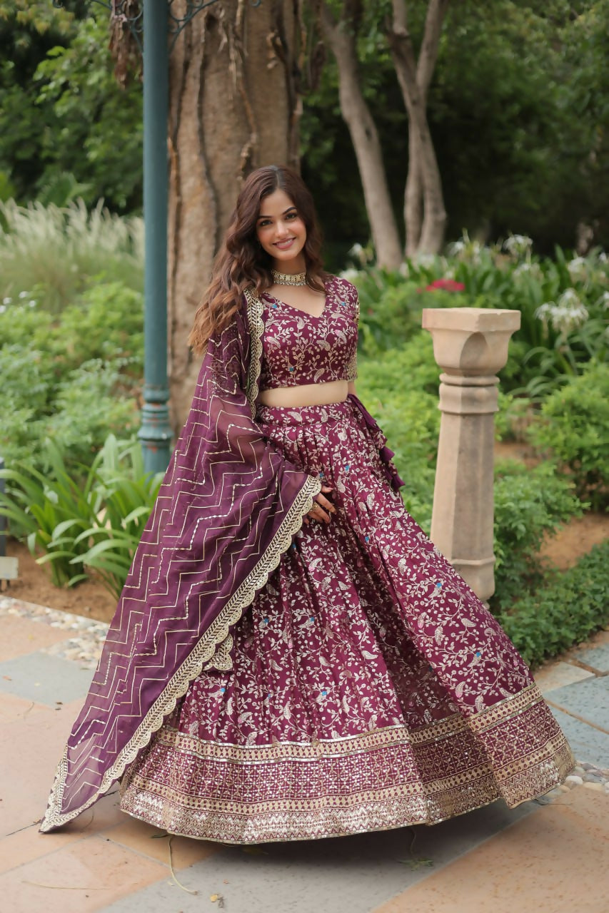 Lorenvalley Wine Pure Viscose Jacquard with Golden Embroidered Sequins work Lehenga Choli | Grocsy