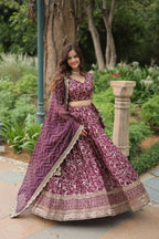 Lorenvalley Wine Pure Viscose Jacquard with Golden Embroidered Sequins work Lehenga Choli | Grocsy