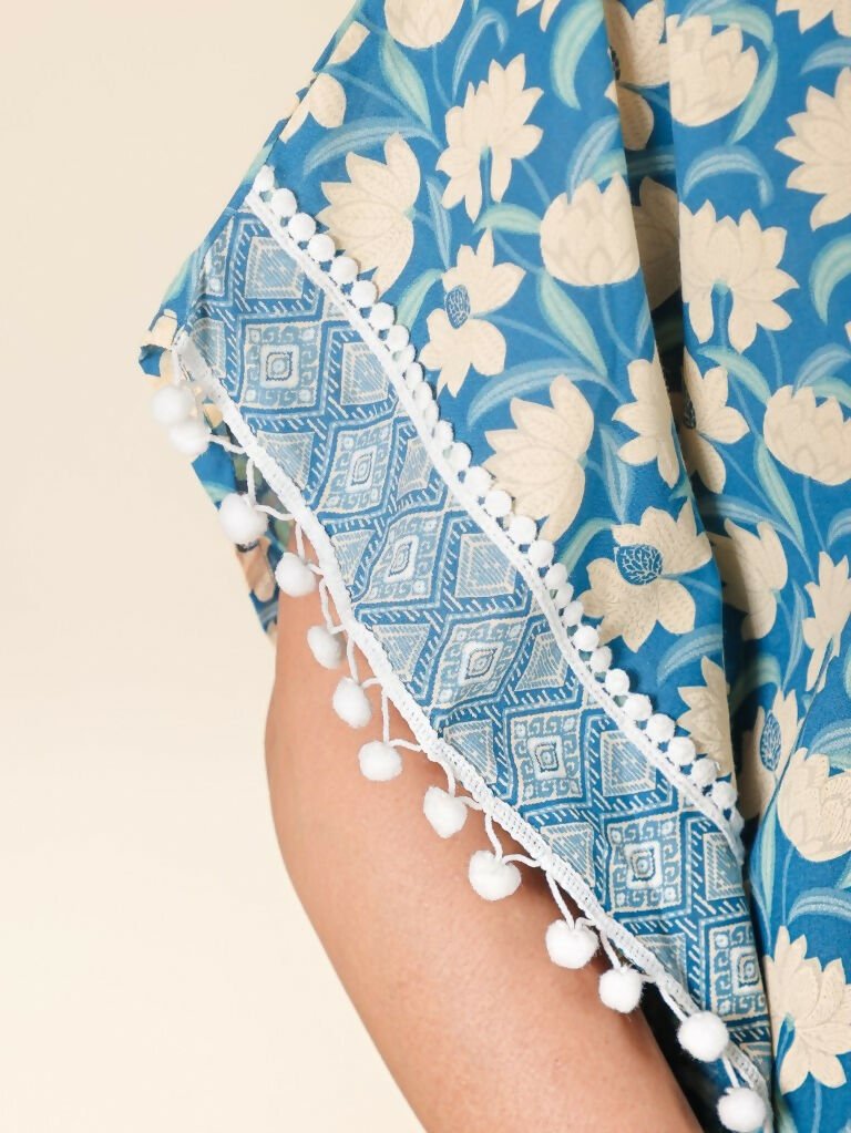 Aramya Kaftan Soft Cotton Floral Print Women's Kurta Set - Blue | Grocsy