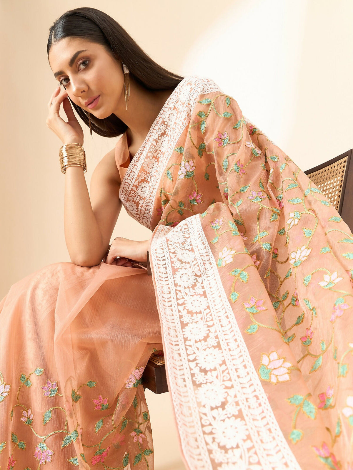 Peach Organza Floral Embroidered Saree with Unstitched Blouse Piece - Roozal | Grocsy