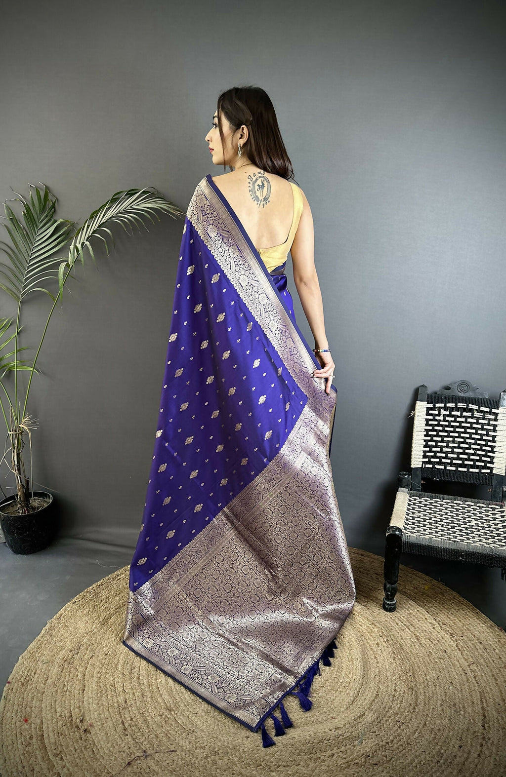 Joban Fashion Royal Blue Zari Weaving Motif Lichi Silk Banarasi Silk Saree | Grocsy
