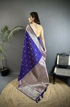 Joban Fashion Royal Blue Zari Weaving Motif Lichi Silk Banarasi Silk Saree | Grocsy