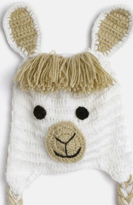 Chutput Kids Woollen Hand Knitted Llama Detail Cap - White | Grocsy