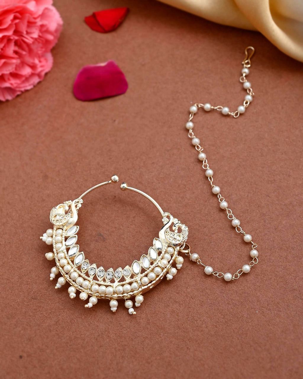 VOJ Gold-Polished With Pearl Indian Nose Pin | Grocsy