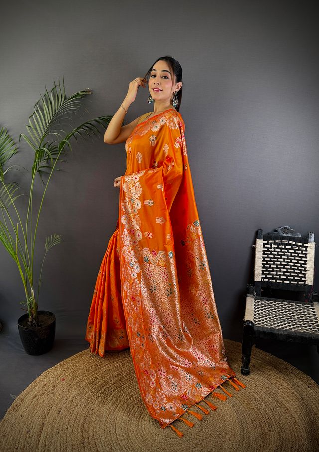 Elora Orange Soft Silk Floral Zari Weaving Meenakari Saree With Floral Border | Grocsy