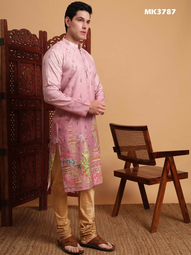 Pink Cotton Printed Chikankari Embroidery Work Kurta - Mahotsav | Grocsy