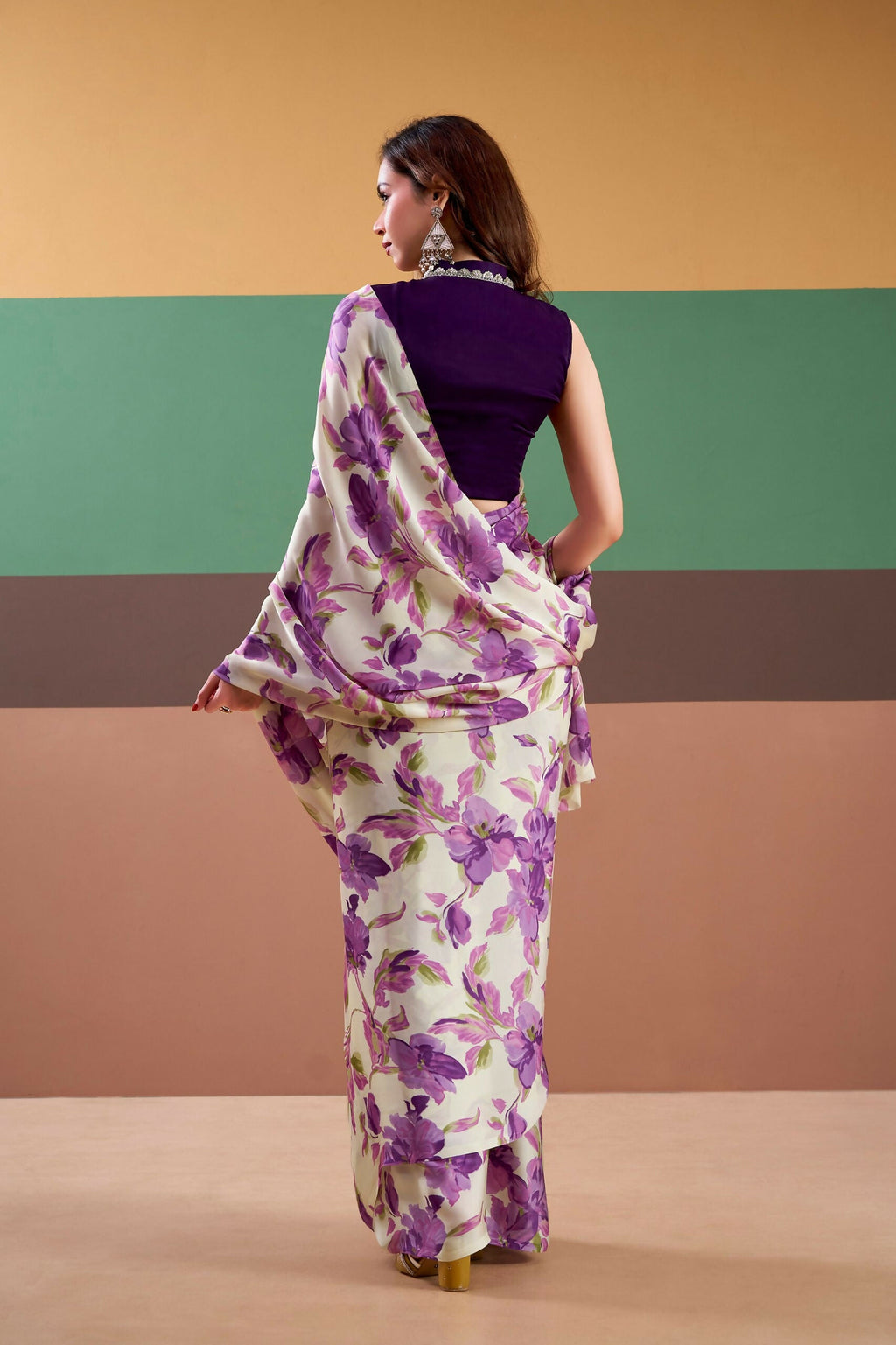 Vastranavya Purple Satin Silk Floral Printed Saree with Stitched Blouse | Grocsy