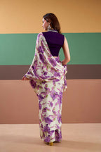 Vastranavya Purple Satin Silk Floral Printed Saree with Stitched Blouse | Grocsy