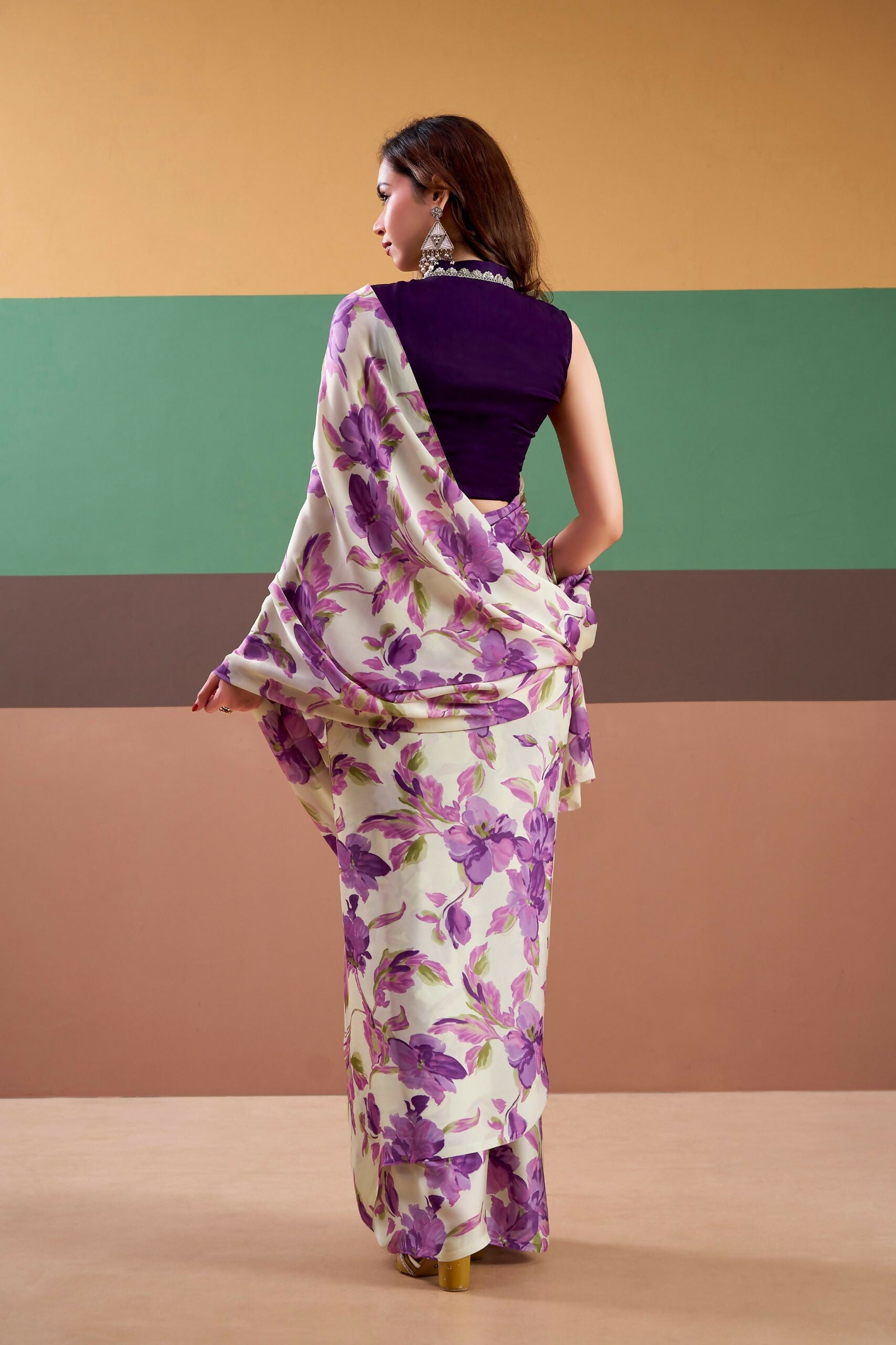 Vastranavya Purple Satin Silk Floral Printed Saree with Stitched Blouse | Grocsy