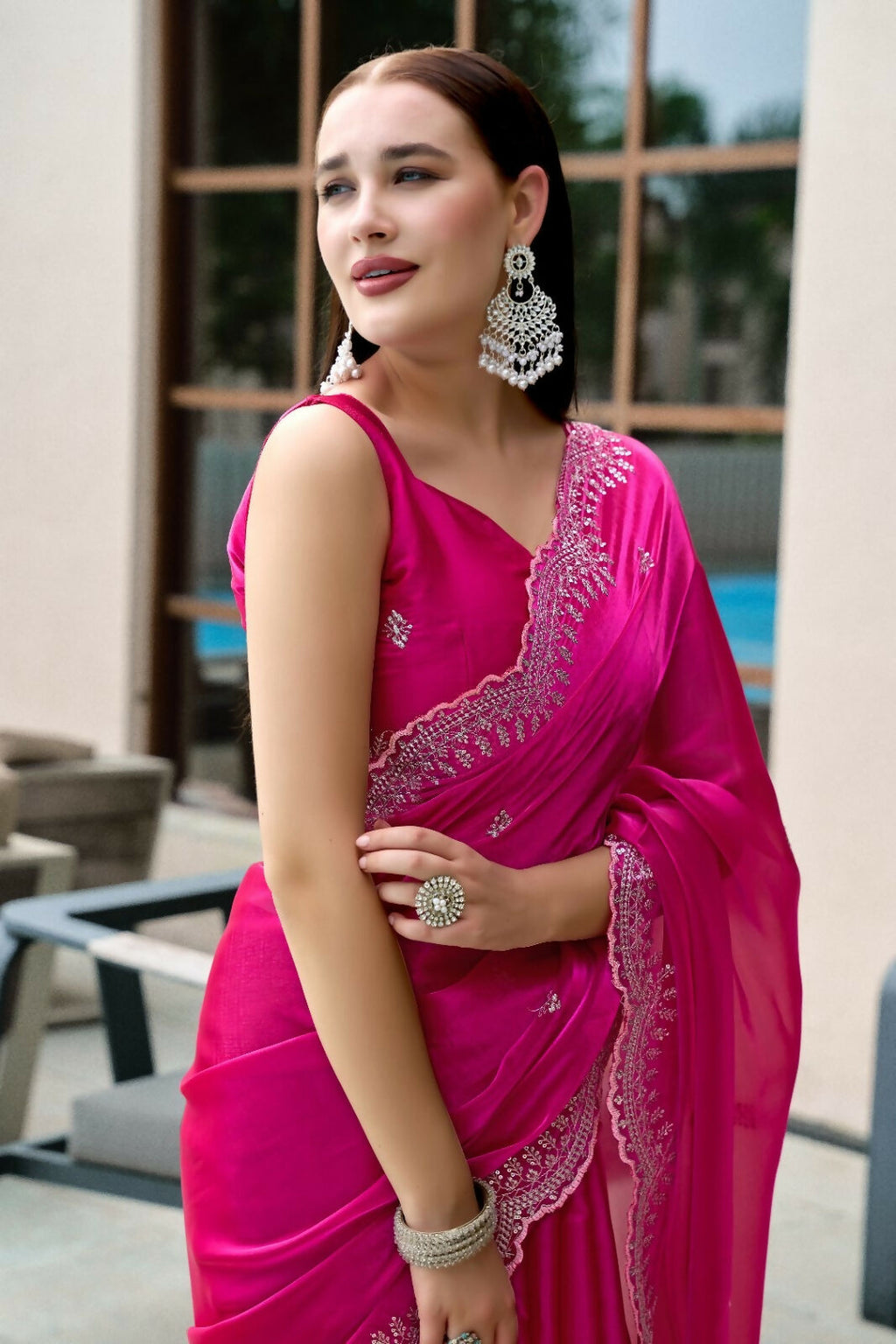 Vastranavya Pink Embroidery Work Shimmer Chiffon Saree with Unstitched Blouse | Grocsy