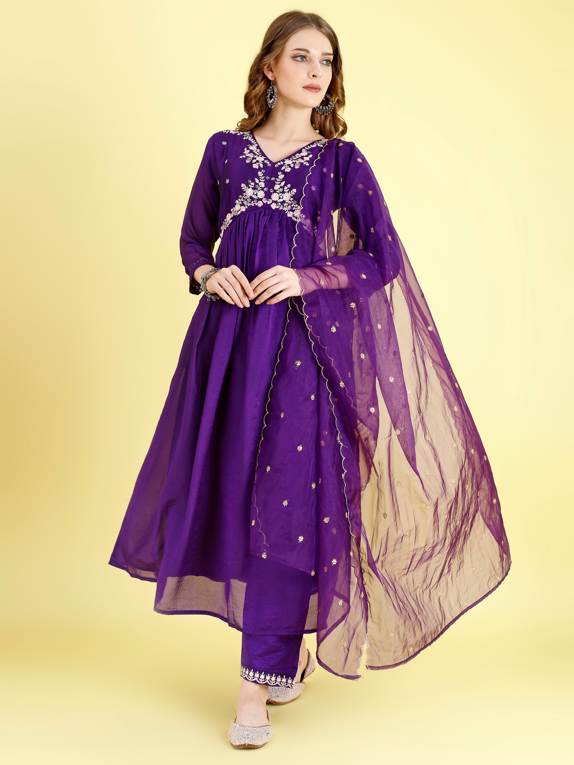 Yash Enterprise Violet Vichitra Silk Embroidery Party Wear Suit Set | Grocsy