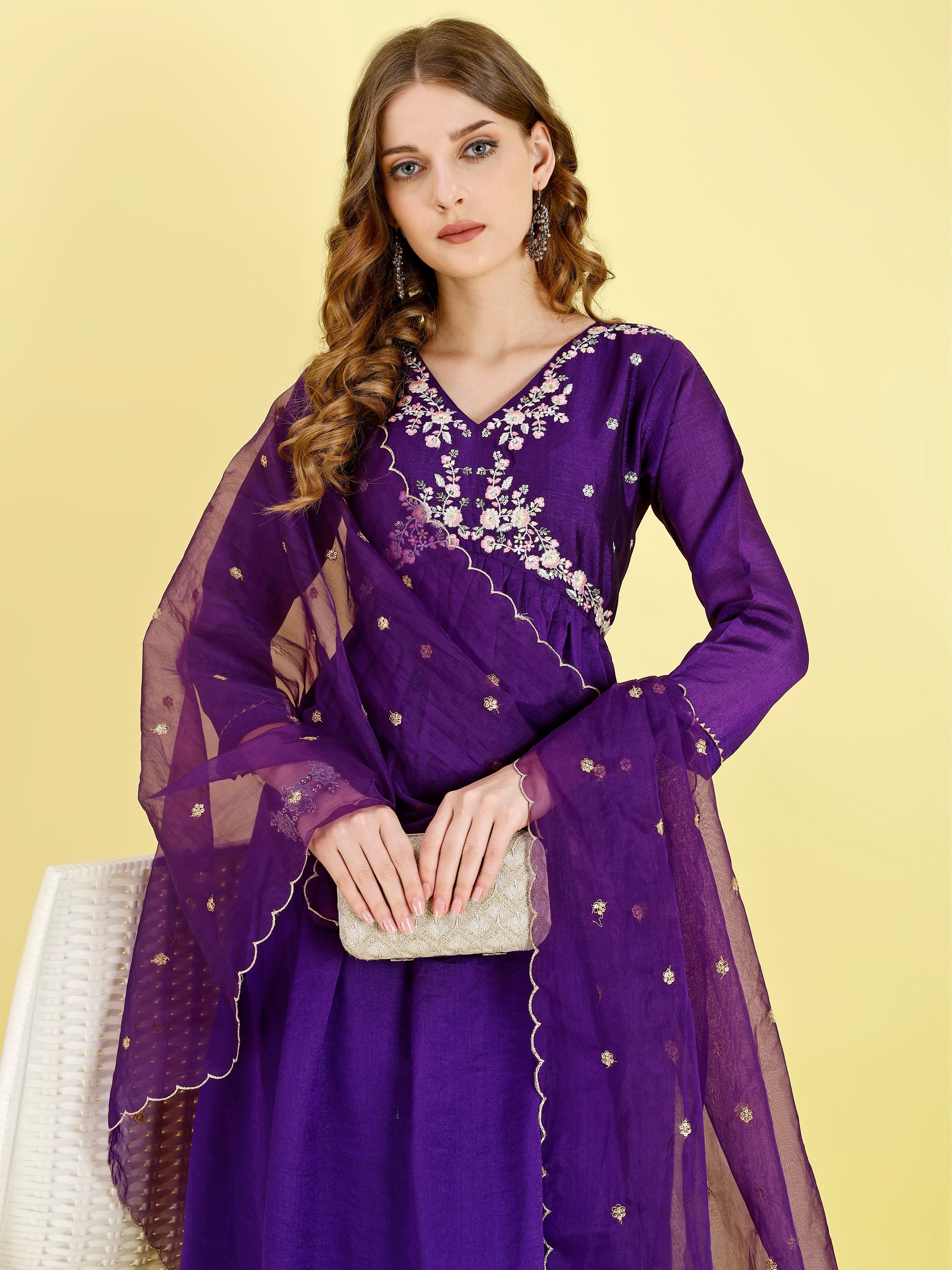 Yash Enterprise Violet Vichitra Silk Embroidery Party Wear Suit Set | Grocsy