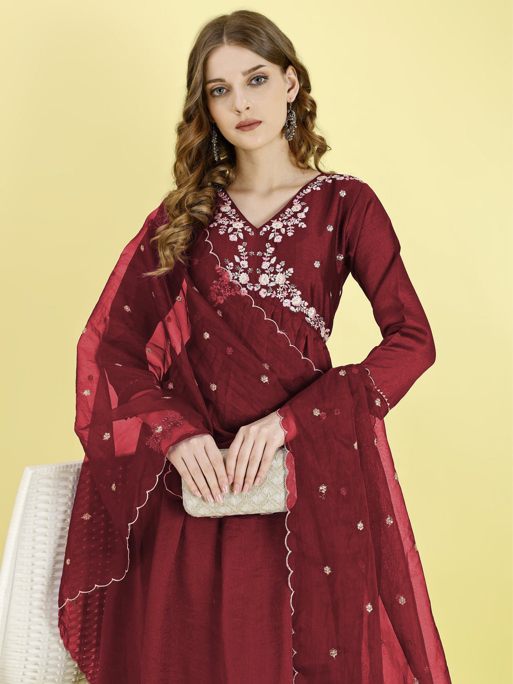 Yash Enterprise Maroon Vichitra Silk Embroidery Party Wear Suit Set | Grocsy