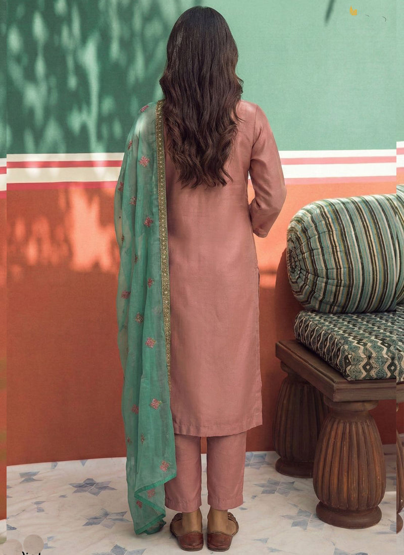 Vegaa Fashion Peach Organza Fancy Zari Party Wear Suit | Grocsy