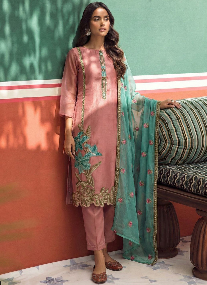 Vegaa Fashion Peach Organza Fancy Zari Party Wear Suit | Grocsy