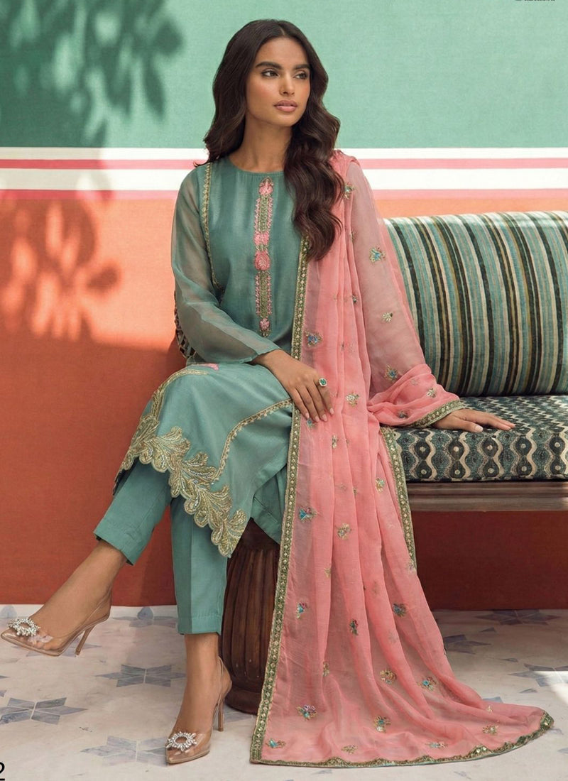 Vegaa Fashion Sky Blue Organza Fancy Zari Party Wear Suit | Grocsy